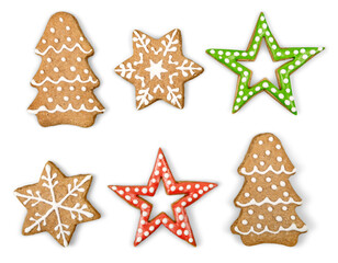 Wall Mural - Christmas Ginger and Honey cookies on isolated white background. Star, fir tree, snowflake shape