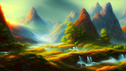 mountains with trees, meadow, clouds and mist - valley landscape wallpaper - fantasy - painted illustration - concept art - background