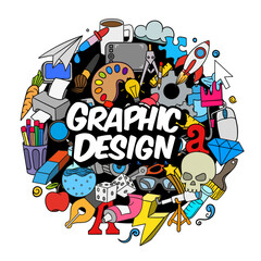 Graphic design cartoon vector doodles round illustration. Design symbols, elements and objects background. Bright flat colors funny picture.