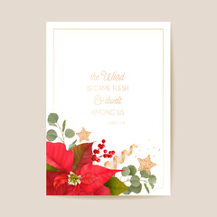 Wall Mural - Poinsettia Winter Floral Card, Christmas Vector Wedding Invitation. Holiday Party greeting banner template