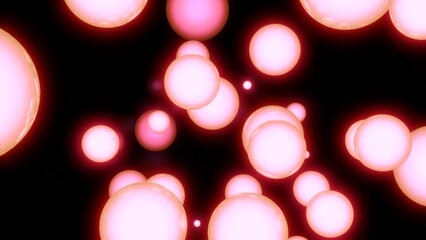 Poster - Glowing 3d balls move in dark space. Design. Warm glowing balls move on background of dark space. Glowing bright balls move in stream