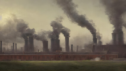 a dark industrial nuclear power plant with smoke and fire from the chimney and smog  - oil painting - concept art - digital painting