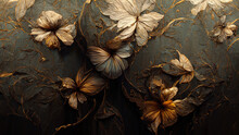 Bronze Hibiscus Repeated Pattern Flat On A Dark Paper Vintage Wallpaper. AI Created A Digital Art Illustration