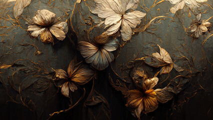 Bronze hibiscus repeated pattern flat on a dark paper vintage wallpaper. AI created a digital art illustration