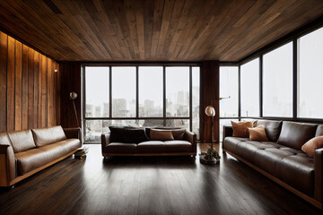 living room interior with leather sofa brown wood plank wall	