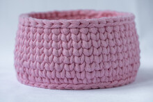 Crocheted Pink Basket, Stuff Organizer, Crochet Baskets Side, Pattern For Crocheting, Nature-friendly Sustainable Handicraft Business, Cute Interior Items. Space For Your Text