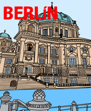 Vector Illustration Of Berlin City Skyline Annotations, Various Landmarks Of Berlin, Germany. Berlin Cityscape View For Poster And Postcards. Inscription Of Berlin, Germany. 