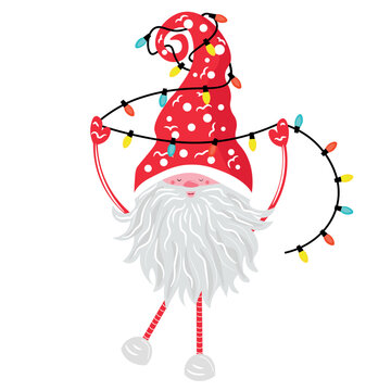 Cute New Year gnome with electric garland on white background
