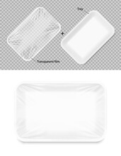 White Tray Container Mockup With Transparent Film. Vector Illustration Isolated On White Background. Layered Template File Easy To Use For Your Promo Product. EPS10.	