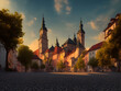 European old city in sunset light. High quality 3d illustration