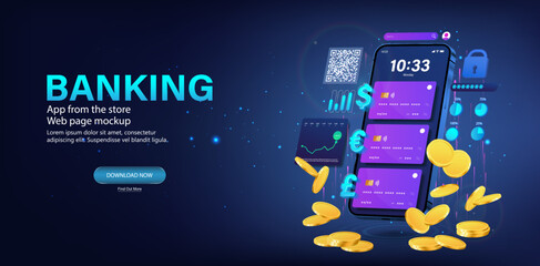 Aufkleber - Online banking with Multicurrency card. 3D smartphone with with many multi-currency credit or debit cards. Online baking, wallet, shopping by smartphone - e-payment. Payment technology banking service
