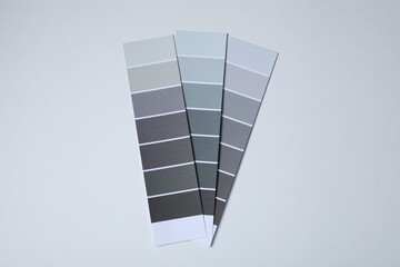 Poster - Color paint chips of grey shades on light background, top view