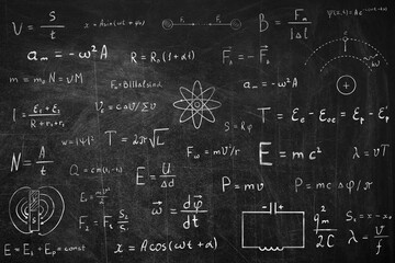 Many different physics formulas written on blackboard
