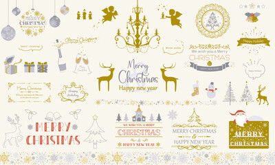 Wall Mural - クリスマスデザインのセット　「クリスマスツリー　フレーム　トナカイ　吹き出し　リボン　エンジェル　パーティ　シャンパン　プレゼント」