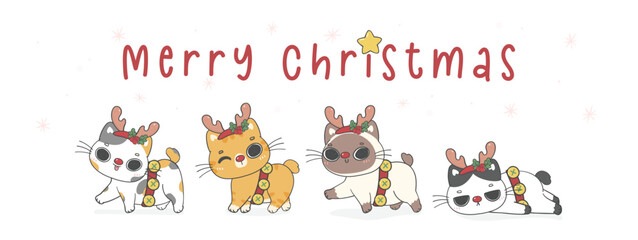 Cute Christmas cats adorned with reindeer antler cartoon hand drawing, Merry Christmas, flat illustration vector banner