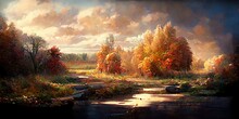 Autumn Season Landscape. Digital Illustration. Painting. Beautiful Autumn Landscape.