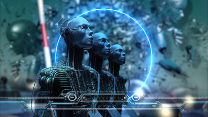 Wall Mural - 3d illustration - futuristic metallic science fiction humanoid cyborgs