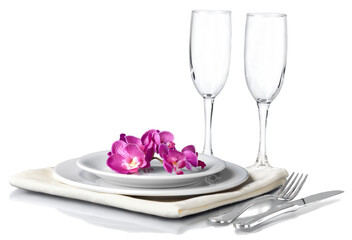 Poster - Festive table setting with flowers isolated on white