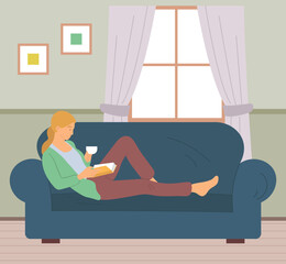 Wall Mural - Young woman reads book on couch at cosy home. Girl sitting on sofa, reading book, drinking tea and resting. Female daily lifestyle vector illustration. Character in modern apartment, comfort lifestyle