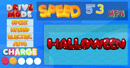 Poster - Cartoon Car Dashboard with Halloween Text. Digital Graphical User Interface Animation.