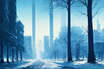 city park with trees during winter, winter trees, background, concept art, digital illustration