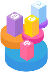 Poster - Different way Infographics, choice of solution to problem, answer options, right selection. Concept with multi-colored cubes with letters ACED stand on cylinders. Customer decision making diagram