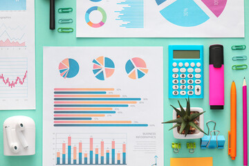 Poster - Business charts and stationery on green background