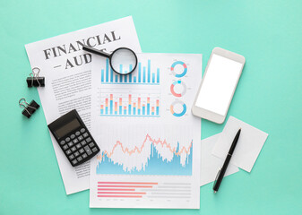 Poster - Business charts, mobile phone and stationery on green background