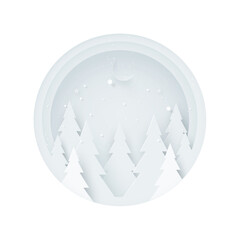 Poster - Winter landscape in circle frame with christmas tree,stars and moon.Merry Christmas and Happy new year concept.Paper art vector illustration.