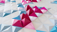 White, Blue And Pink Geometric Surface With Tetrahedrons. Futuristic, Vibrant 3d Banner.