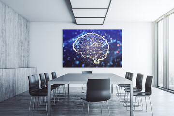 Poster - Creative artificial Intelligence concept with human brain sketch on tv display in a modern presentation room. 3D Rendering