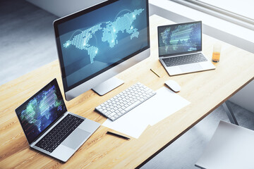 Leinwandbilder - Abstract creative world map with connections on modern laptop screen, international trading concept. 3D Rendering