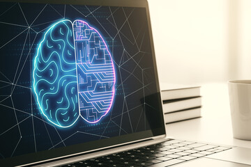Poster - Creative artificial Intelligence concept with human brain hologram on modern laptop screen. 3D Rendering
