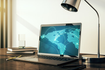 Fototapete - Abstract creative world map with connections on modern laptop screen, international trading concept. 3D Rendering
