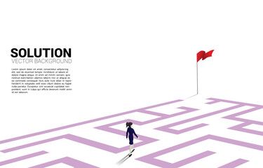 Poster - Silhouette of businesswoman with route path to exit the maze. Business concept for problem solving and finding idea.