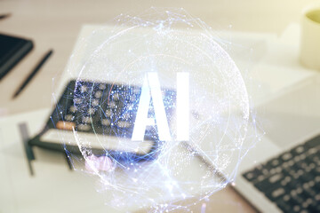 Poster - Creative artificial Intelligence symbol hologram on blurry calculator and computer background. Double exposure