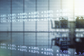 Poster - Multi exposure of stats data illustration on a modern conference room background, computing and analytics concept
