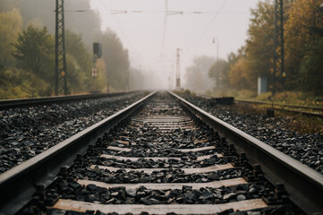 Railroad track rails in coutry landspace in autumn weather with foggy landscape. Industrial concept. Railroad travel, railway tourism.