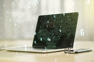 Poster - Abstract creative coding illustration with world map on modern computer background, international software development concept. Multiexposure