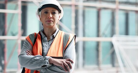 Poster - Logistics, construction and architect working on management of a building at construction site. Portrait of a mature engineer in architecture with arms crossed during maintenance and industrial work