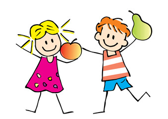 Wall Mural - healthy food, two children with fruit, girl with apple, boy with pear, funny vector illustration