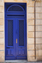 Blue Wooden Front Door Of Street Restored House Entrance Dark Classic Gate