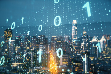 Aufkleber - Double exposure of abstract virtual binary code hologram on San Francisco city skyscrapers background. Database and programming concept