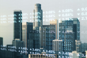 Poster - Multi exposure of stats data illustration on Los Angeles city skyline background, computing and analytics concept