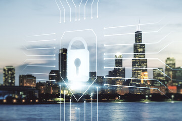 Poster - Double exposure of virtual creative lock hologram with chip on Chicago city skyscrapers background. Information security concept
