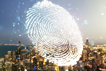 Poster - Multi exposure of virtual graphic fingerprint sketch on Chicago cityscape background fingerprint scan data concept