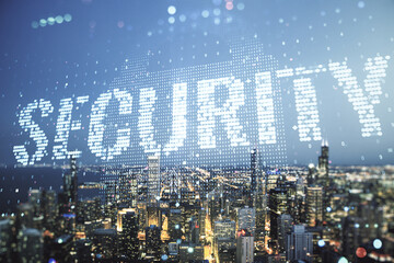 Poster - Virtual cyber security creative concept on Chicago city skyline background. Double exposure