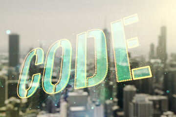 Aufkleber - Code word hologram on blurry cityscape background, artificial intelligence and neural networks concept. Multiexposure