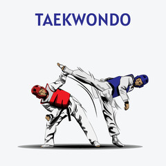  Two Boys Fighting in Taekwondo Competition Illustration Vector.