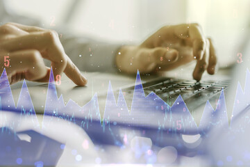 Fototapete - Double exposure of abstract creative statistics data hologram with hands typing on laptop on background, statistics and analytics concept